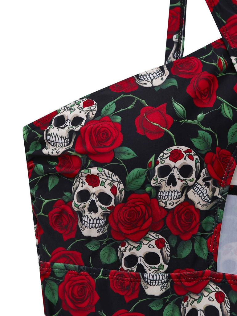 Details: Schwarzer Neckholder-Badeanzug im Stil der 1950er Jahre mit Skelett-Rosenmuster, klassische Silhouette, perfekt für Vintage-Mode-Liebhaber