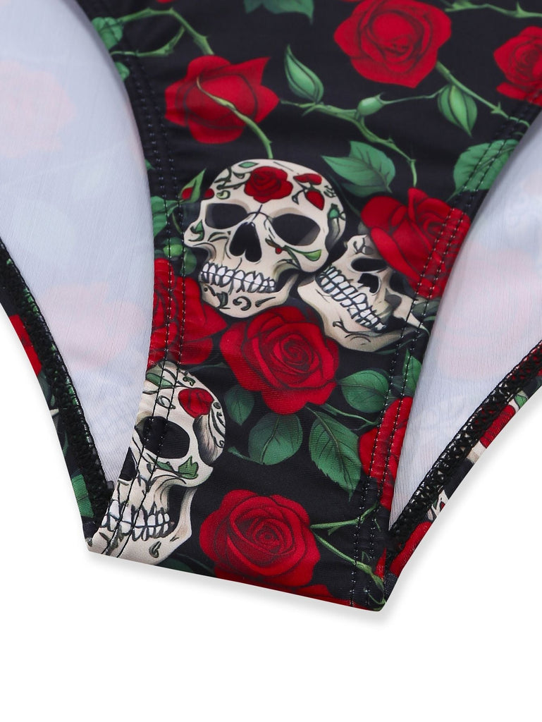 Details: Schwarzer Neckholder-Badeanzug im Stil der 1950er Jahre mit Skelett-Rosenmuster, klassische Silhouette, perfekt für Vintage-Mode-Liebhaber