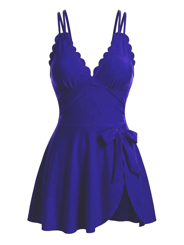 Spaghettiträger-Badekleid mit Schleife und Muschelsaum aus den 1930er Jahren – Vintage-Kleid, Retro-Mode