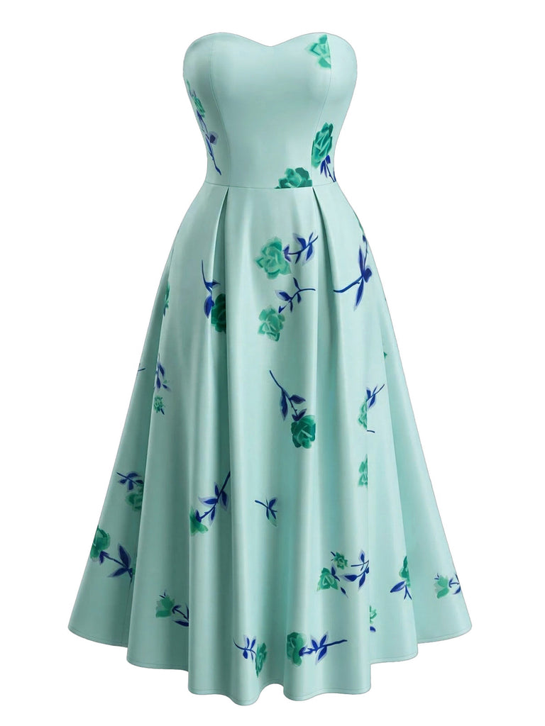 1940er Trägerlos Blumen High Waist Swing Kleid