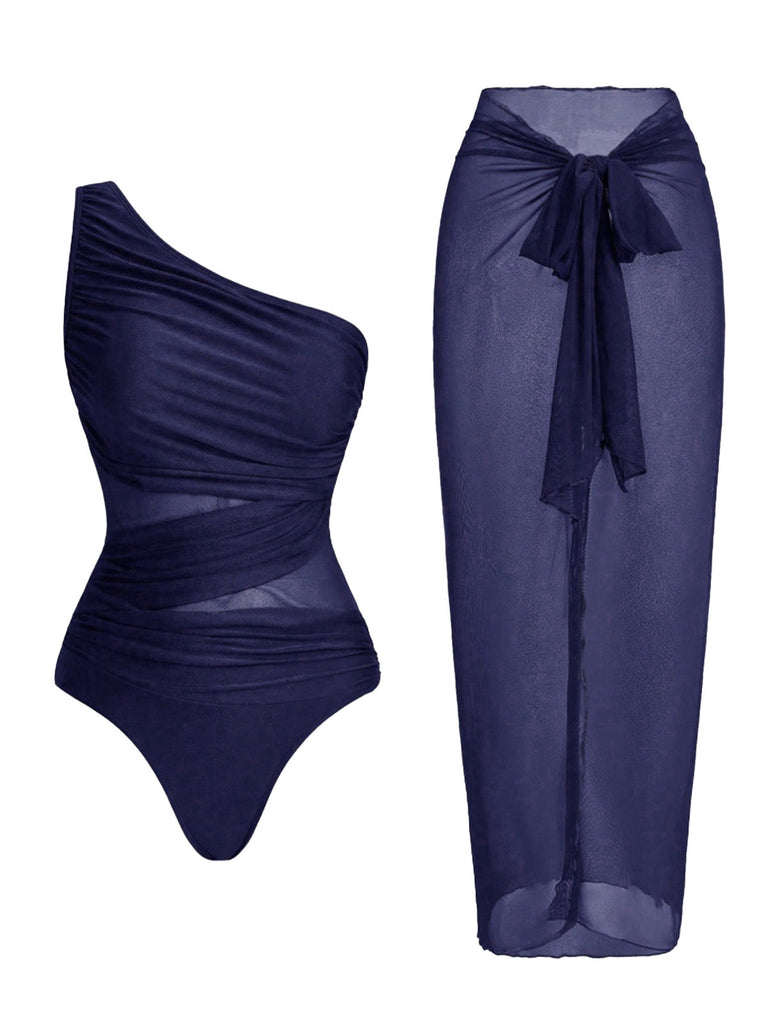 Badeanzug und Strandkleid im Stil der 1950er Jahre mit asymmetrischem Träger, Raffungen und Bauchkontrolle – Vintage-Badeanzug im Pin-up-Stil