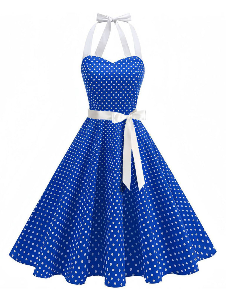 Blau 1950er Polka Dot Halter Gürtel Swing Kleid