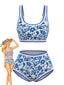 1950er Rundhalsausschnitt Blumen High-Waist Bikini Set