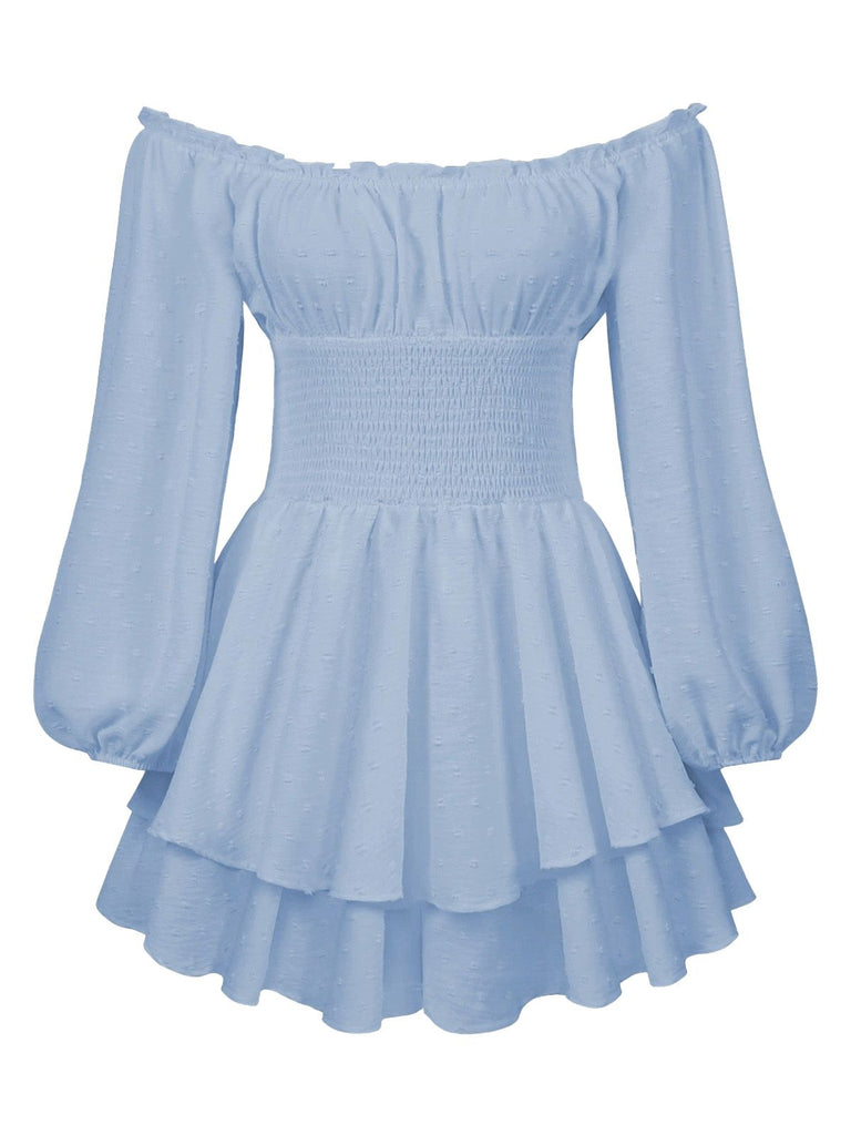 Blau 1950er Uni Schulterfrei Langarm Gesmoked Mini Kleid