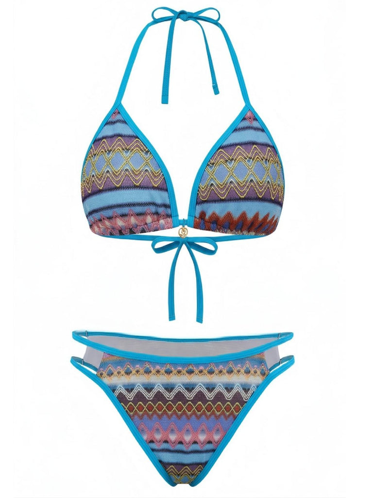 Blaues Boho-Bikini-Set im geometrischen Strickstil der 1970er Jahre mit Neckholder
