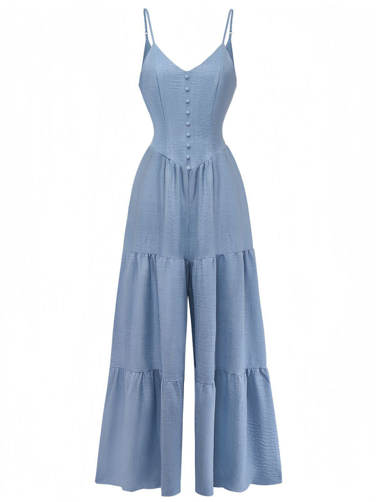 Blauer, einfarbiger Jumpsuit aus den 1930er Jahren mit tiefem V-Ausschnitt, Stufenrock und Raffungen, Vorderansicht