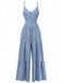 Blauer, einfarbiger Jumpsuit aus den 1930er Jahren mit tiefem V-Ausschnitt, Stufenrock und Raffungen, Vorderansicht