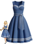 Blaues 40er Sailor-Kleid mit Kontrastbesatz und Taschen