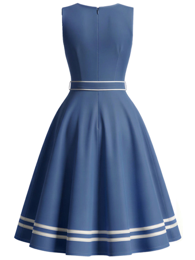 Blaues 40er Sailor-Kleid mit Kontrastbesatz und Taschen