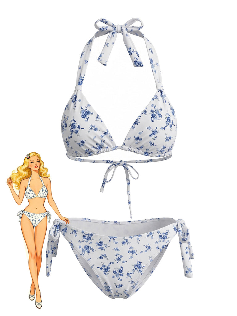 Blaues 40er Bikini-Set mit Ditsy-Blumen und Neckholder