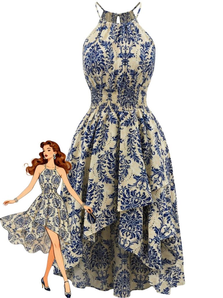 Blaues 40er Kleid mit Neckholder und Blumen
