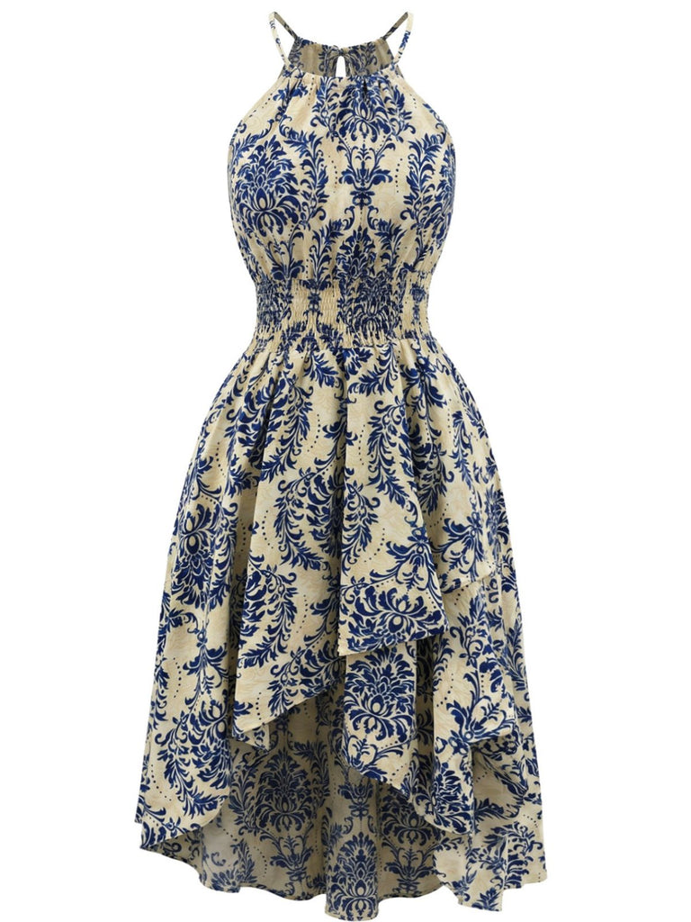 Blaues 40er Kleid mit Neckholder und Blumen