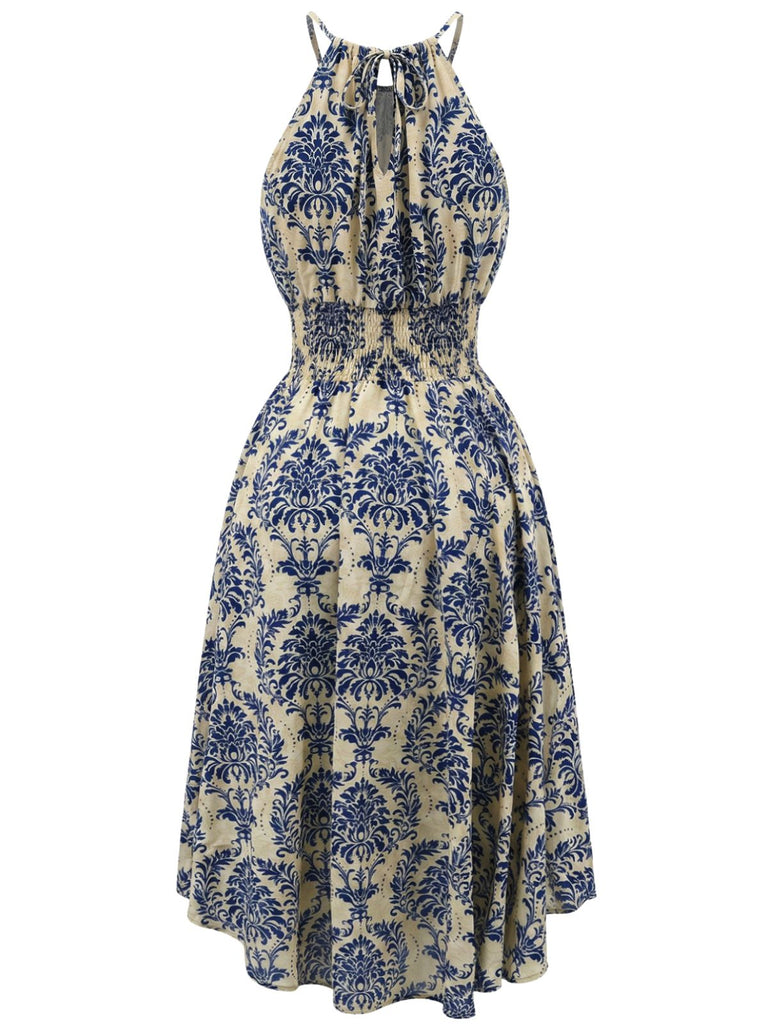 Blaues 40er Kleid mit Neckholder und Blumen