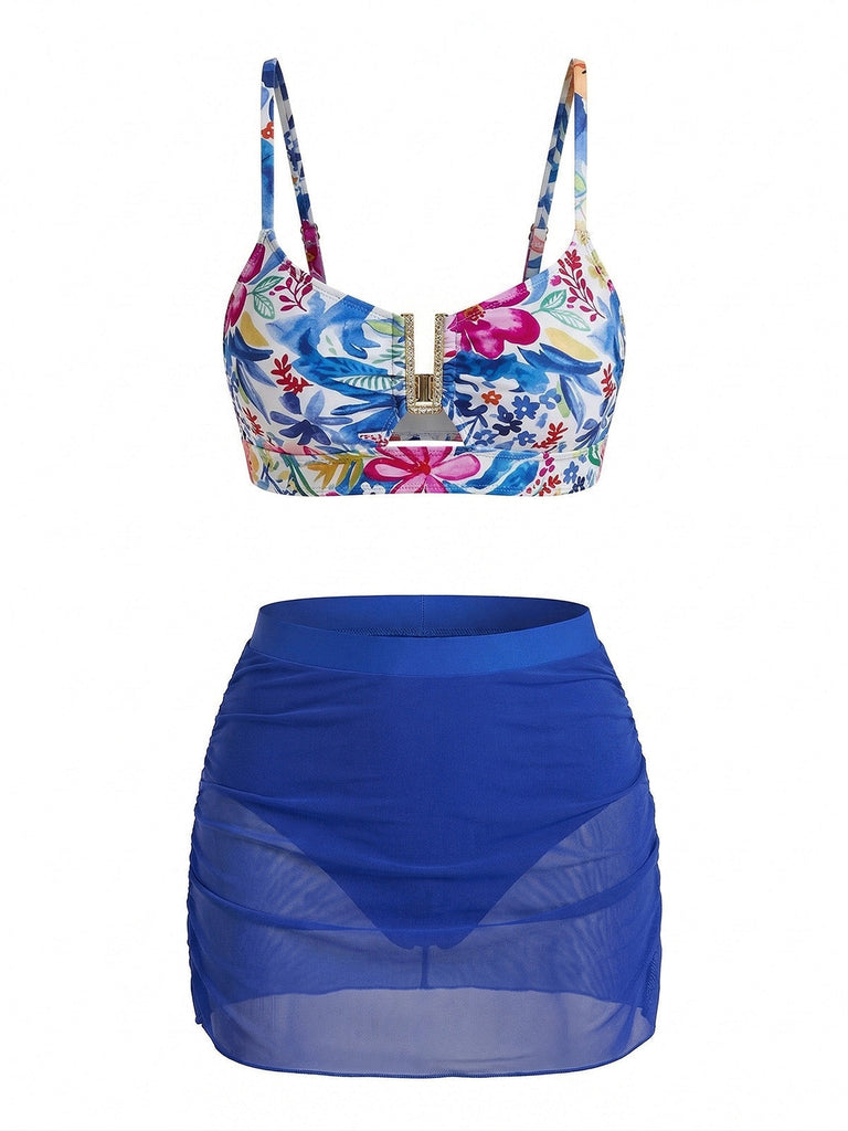 60er Tankini-Set mit Blumen und Hohe Taille
