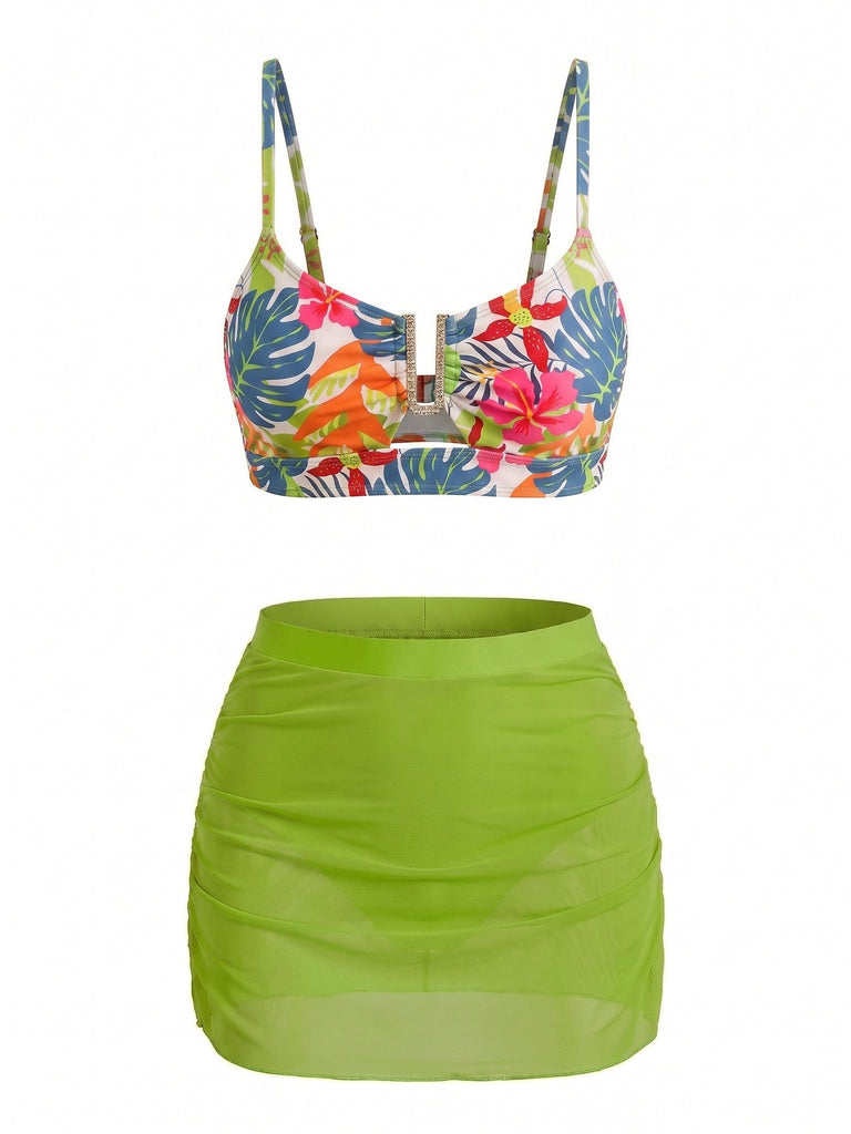 60er Tankini-Set mit Blumen und Hohe Taille