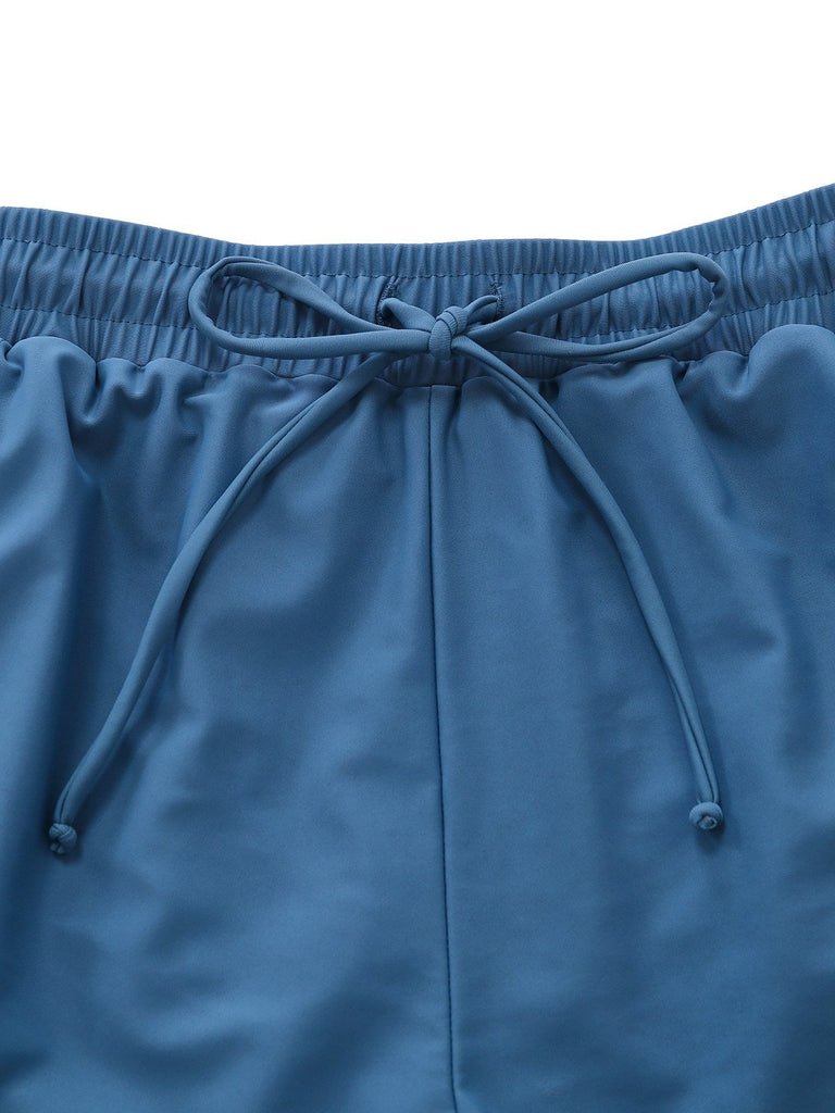 Blau 1940er Streifen Tasche Gerafft Bademode