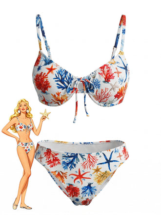 Korallees & Blaues 50er Bikini-Set & Shorts mit Print