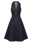 70er Jeans-Kleid mit Tiefer V-Ausschnitt und Reverskragen