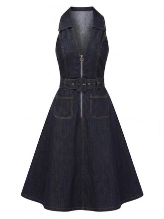 70er Jeans-Kleid mit Tiefer V-Ausschnitt und Reverskragen