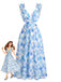 Blaues 50er Maxikleid mit Blumen-Print und Rüschen