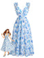 Blaues 50er Maxikleid mit Blumen-Print und Rüschen