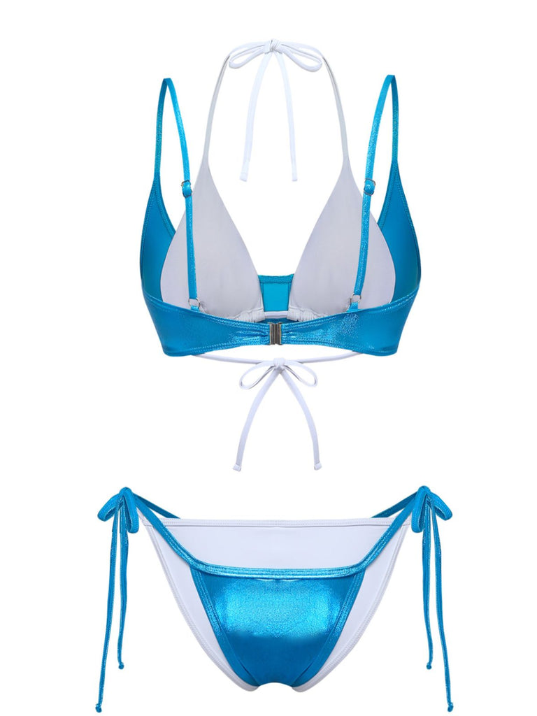 Blauer Bikini mit hohem Bund im Stil der 1950er Jahre – Vintage-Mode, Retro-Stil