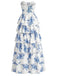 Blau 1930er Blumen Trägerlos Fischgräte Gestuft Lang Kleid