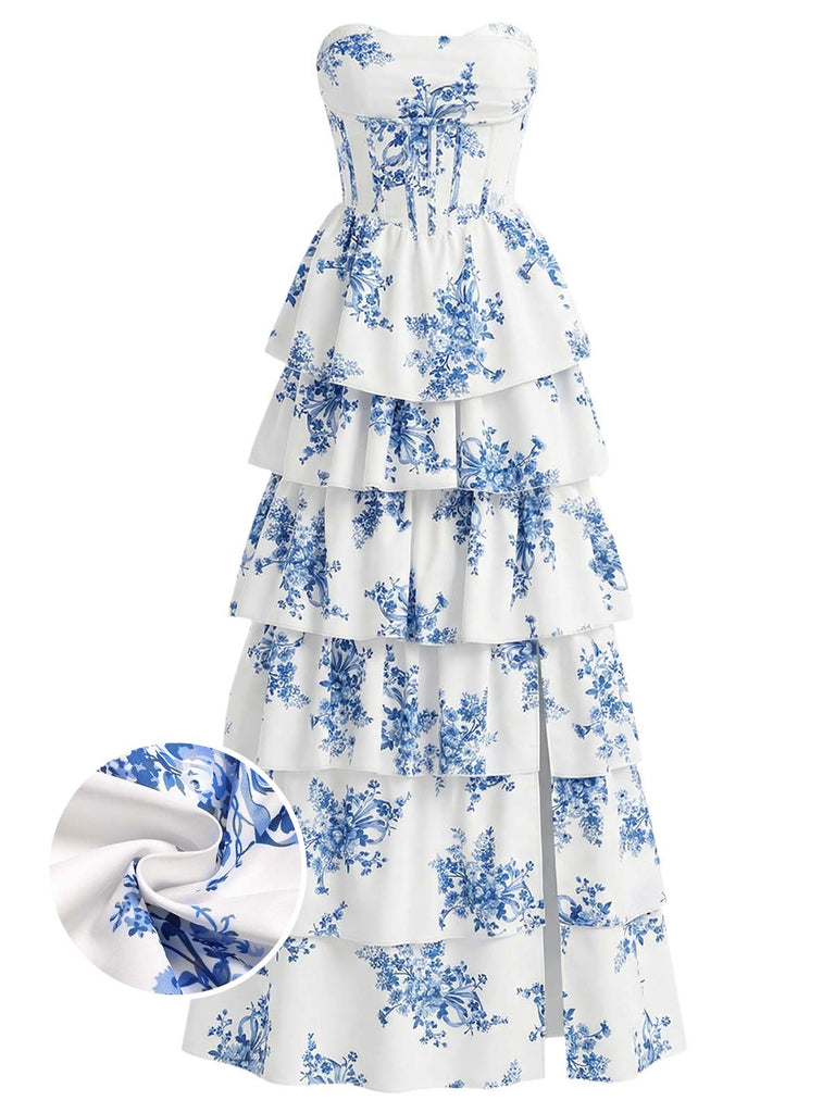 Blau 1930er Blumen Trägerlos Fischgräte Gestuft Lang Kleid