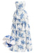 Blau 1930er Blumen Trägerlos Fischgräte Gestuft Lang Kleid