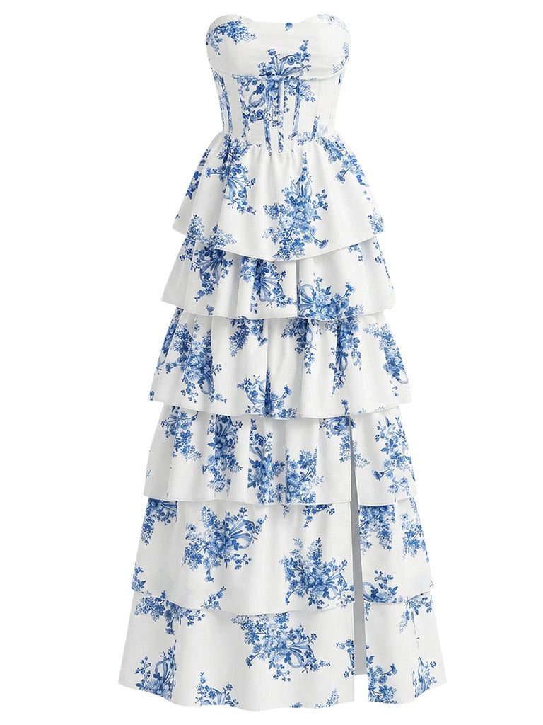 Blau 1930er Blumen Trägerlos Fischgräte Gestuft Lang Kleid