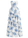 Blau 1930er Blumen Trägerlos Fischgräte Gestuft Lang Kleid