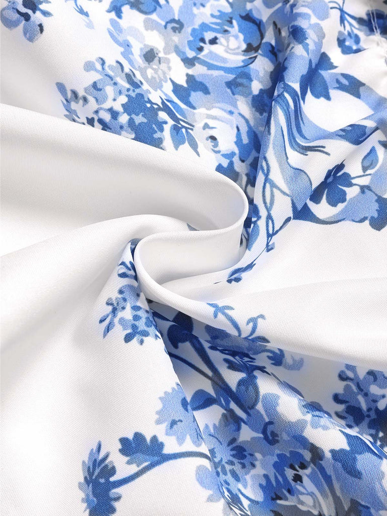 Blau 1930er Blumen Trägerlos Fischgräte Gestuft Lang Kleid