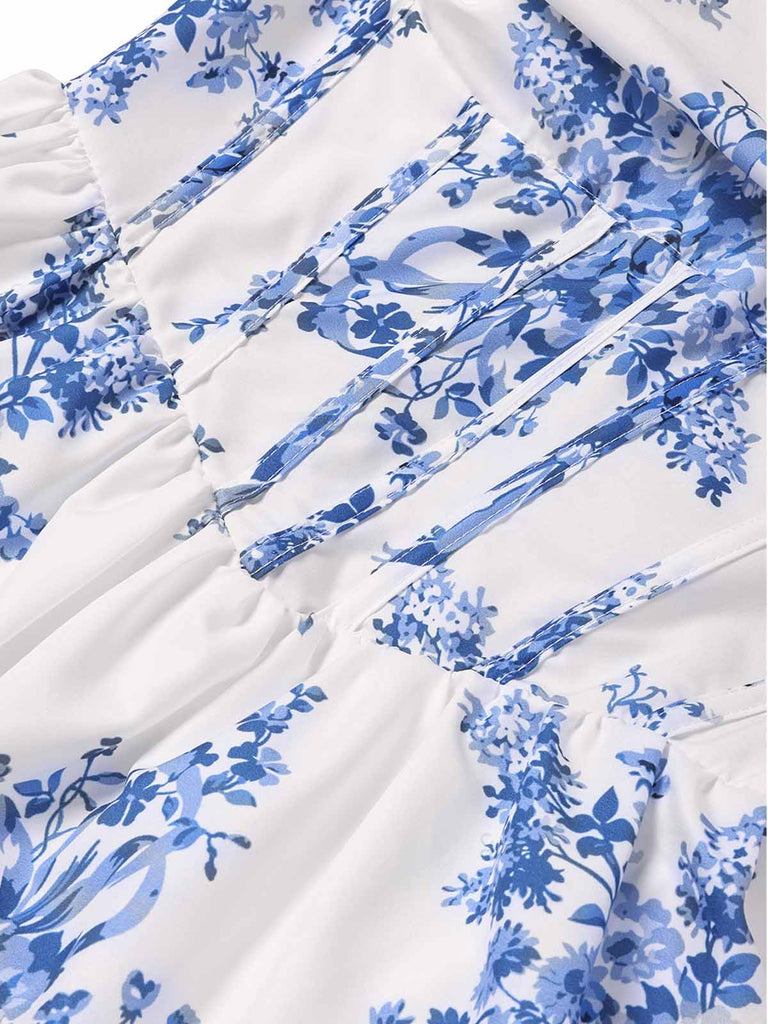 Blau 1930er Blumen Trägerlos Fischgräte Gestuft Lang Kleid