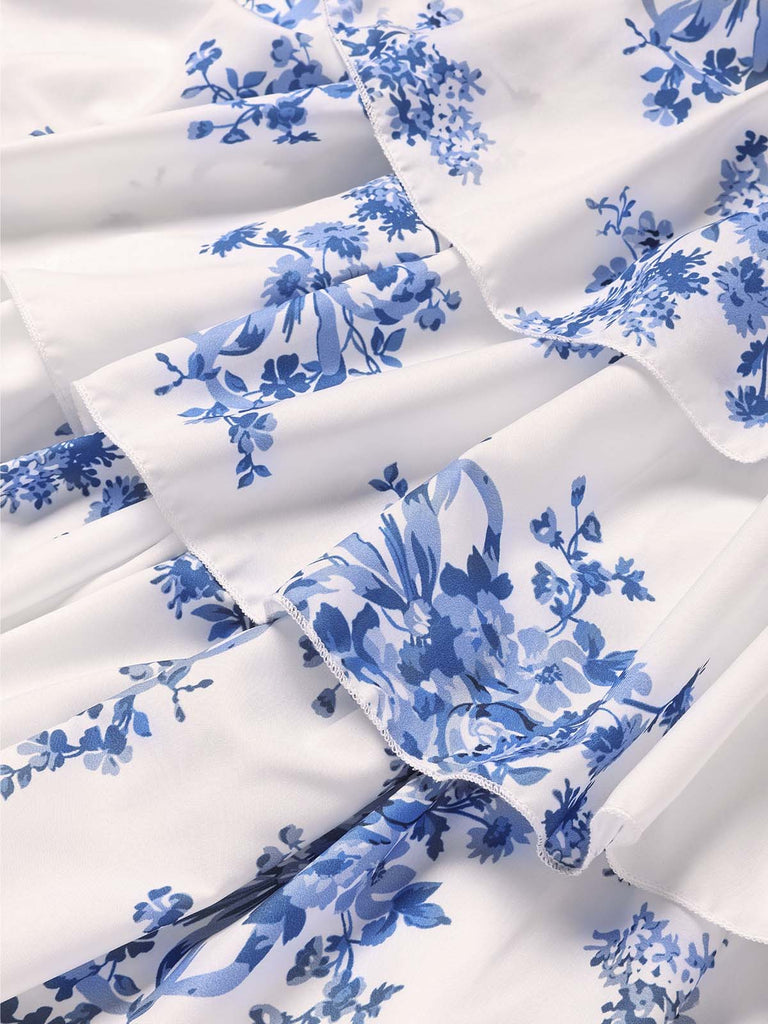 Blau 1930er Blumen Trägerlos Fischgräte Gestuft Lang Kleid