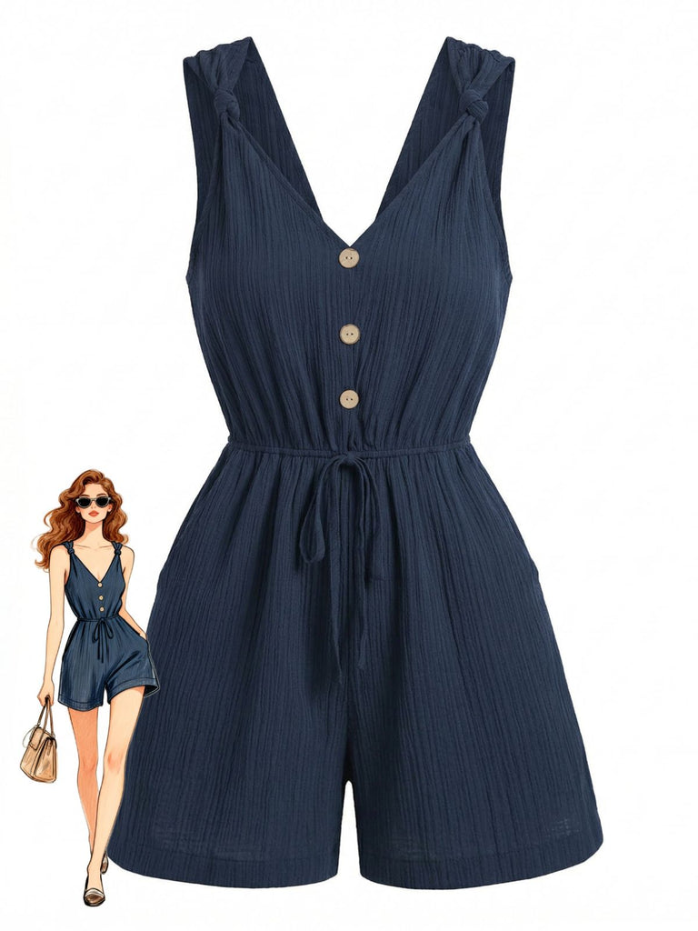 Blauer 50er Romper mit V-Ausschnitt und Knopfleiste