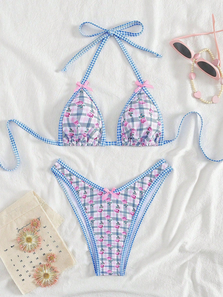 Blau 60er Bikini-Set & Shorts mit Neckholder und Blumen