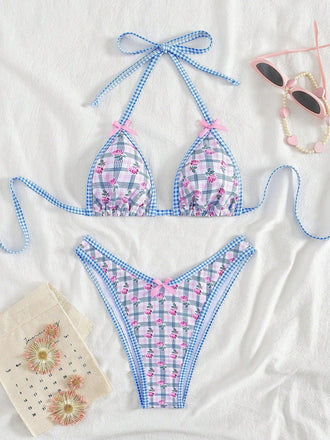 Blau 60er Bikini-Set & Shorts mit Neckholder und Blumen
