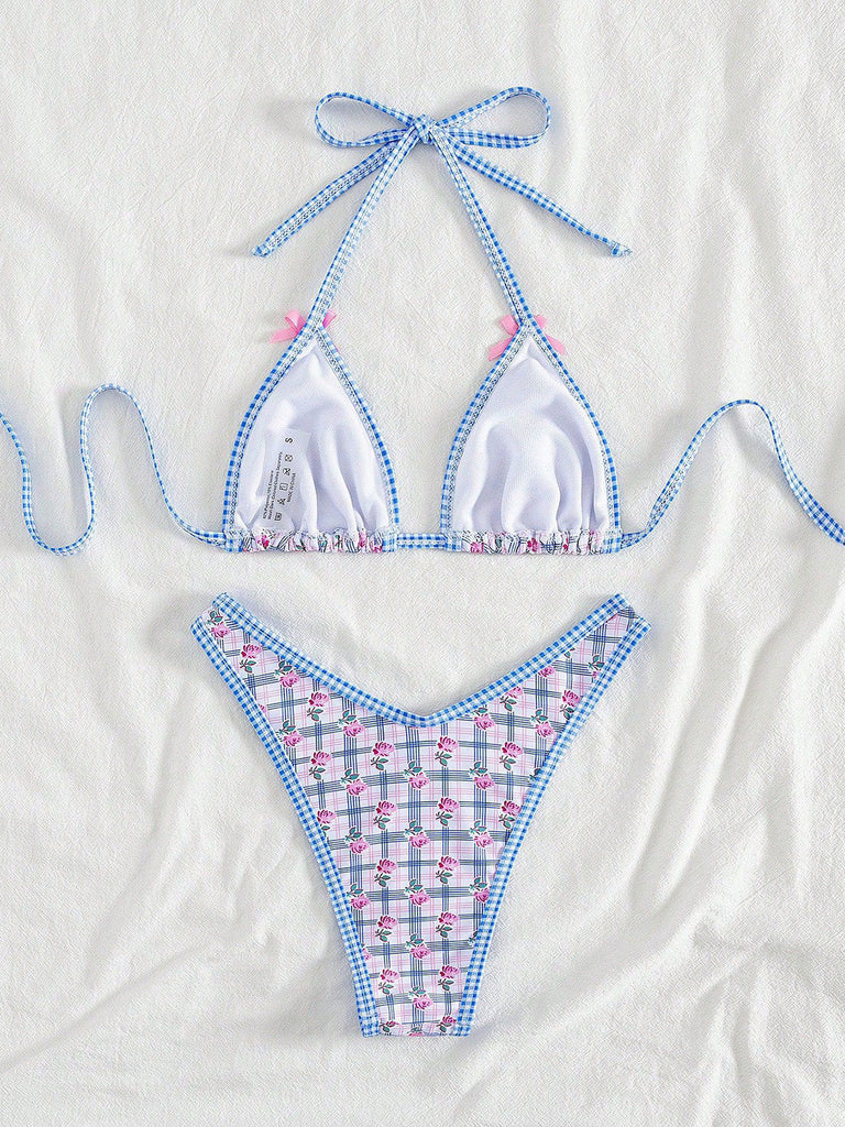 Blau 60er Bikini-Set & Shorts mit Neckholder und Blumen