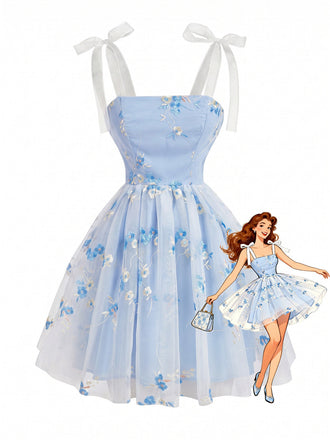 Blaues 60er Kleid mit Spaghettiträger und Schleife