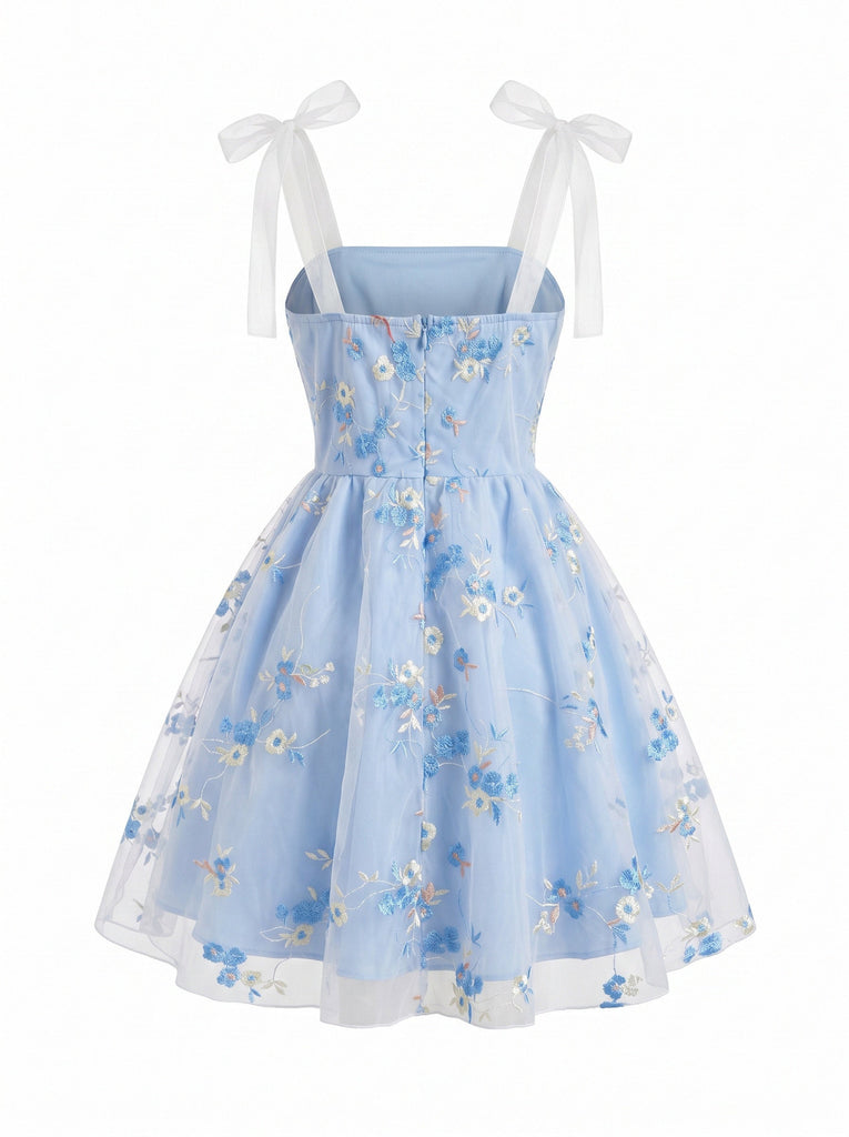 Blaues 60er Kleid mit Spaghettiträger und Schleife