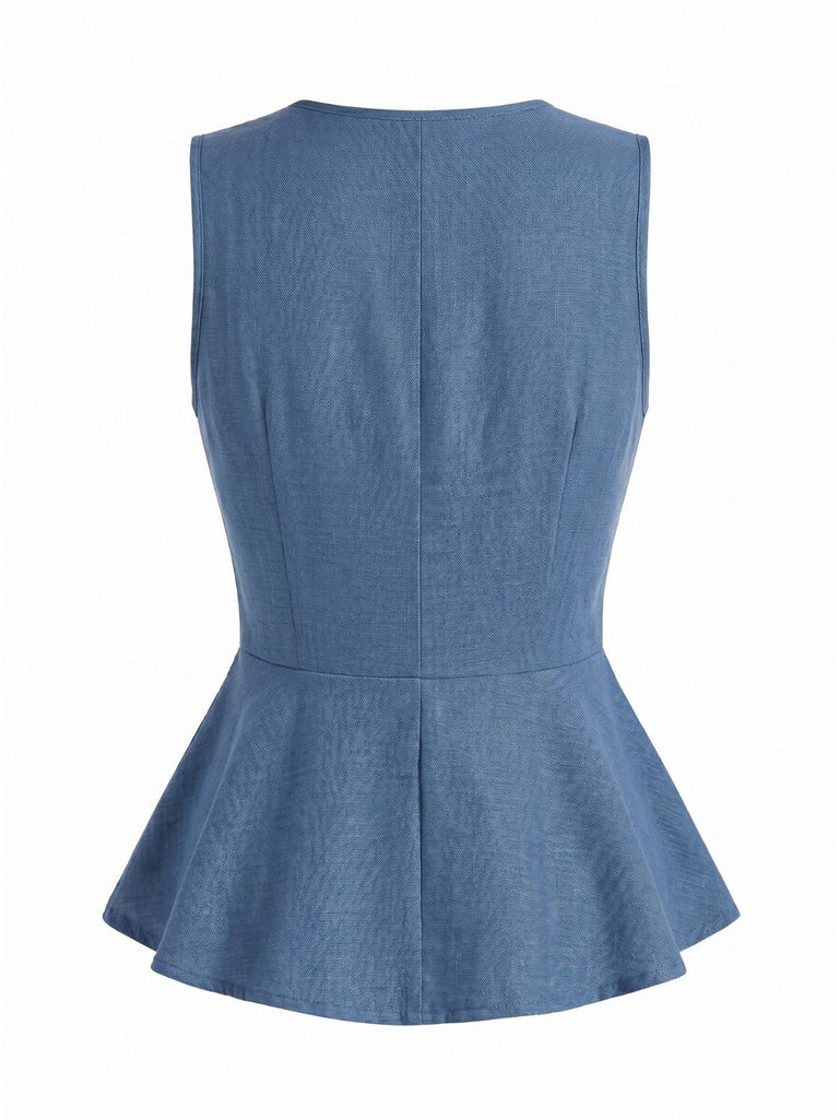 Blaue 60er Weste mit V-Ausschnitt und Knopf