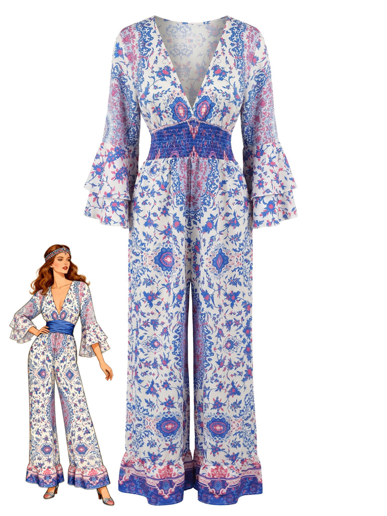 Blauer 70er Bohemian Jumpsuit mit Ditsy-Blumen und Schlag