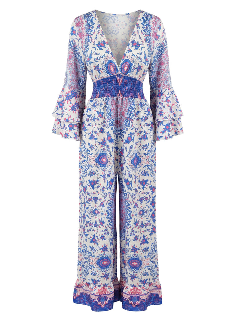 Blauer 70er Bohemian Jumpsuit mit Ditsy-Blumen und Schlag