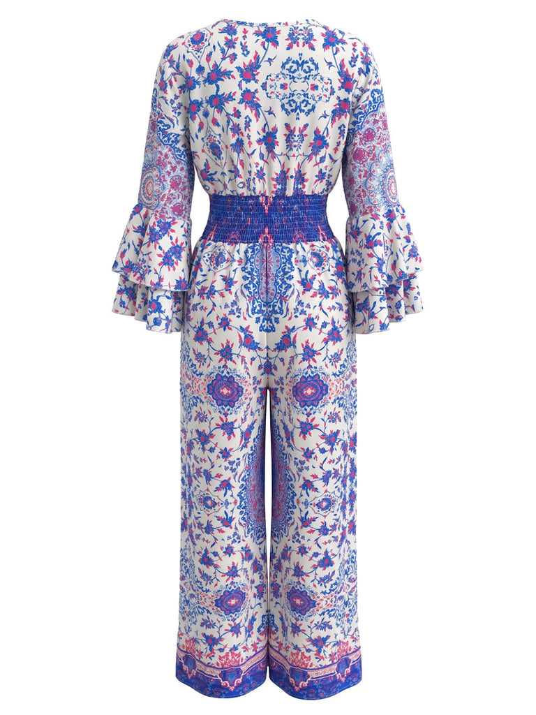 Blauer 70er Bohemian Jumpsuit mit Ditsy-Blumen und Schlag