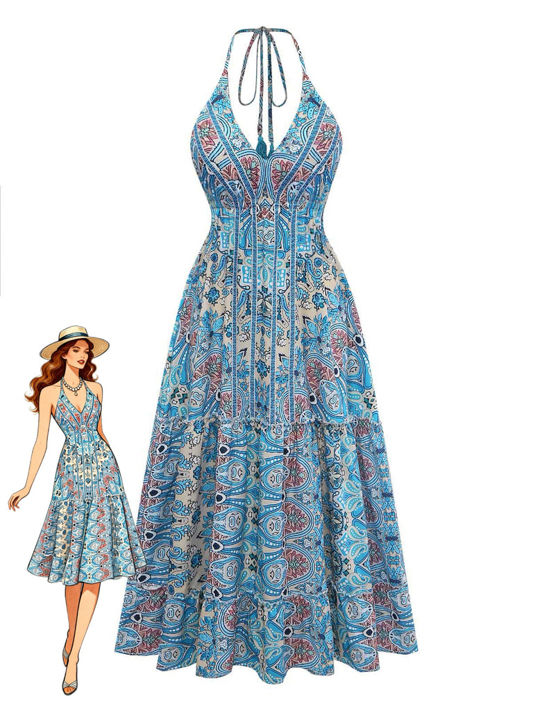 Blaues 70er Boho Midikleid mit Neckholder und Paisley