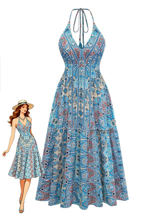 Blaues 70er Boho Midikleid mit Neckholder und Paisley