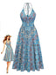 Blaues 70er Boho Midikleid mit Neckholder und Paisley