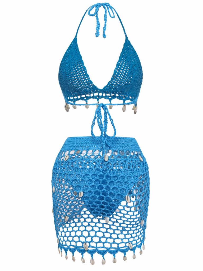 Blauer gehäkelter Strandbikini im Stil der 1970er Jahre – Vintage-Mode, Retro-Stil