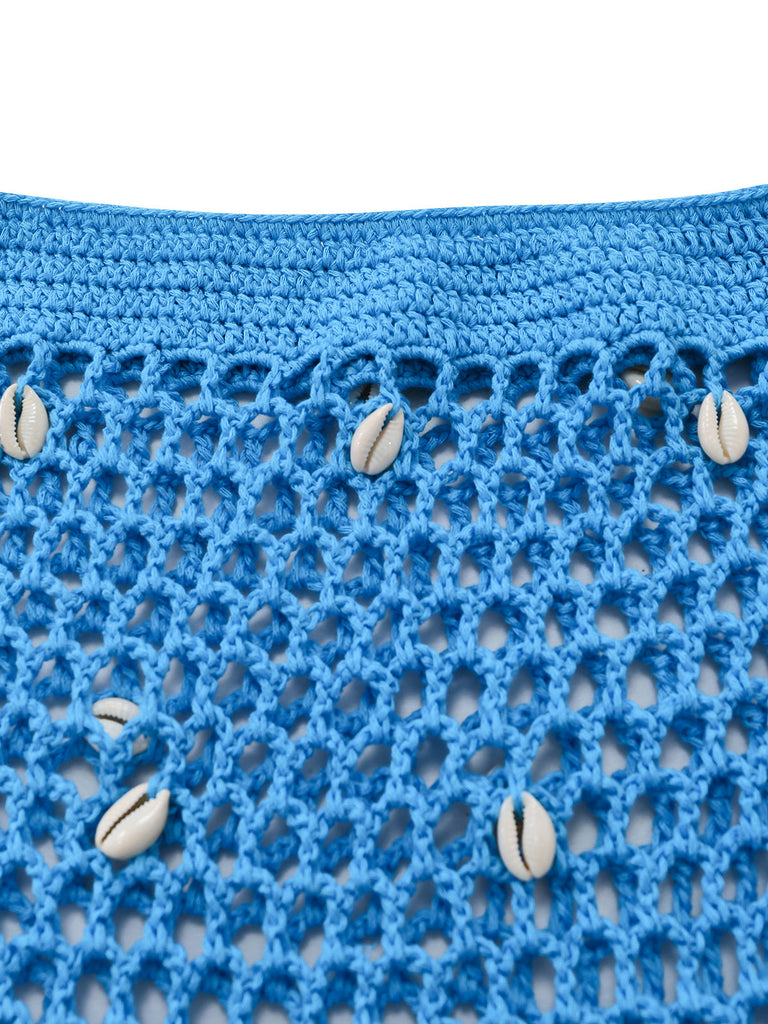 Blauer gehäkelter Strandbikini im Stil der 1970er Jahre – Vintage-Mode, Retro-Stil