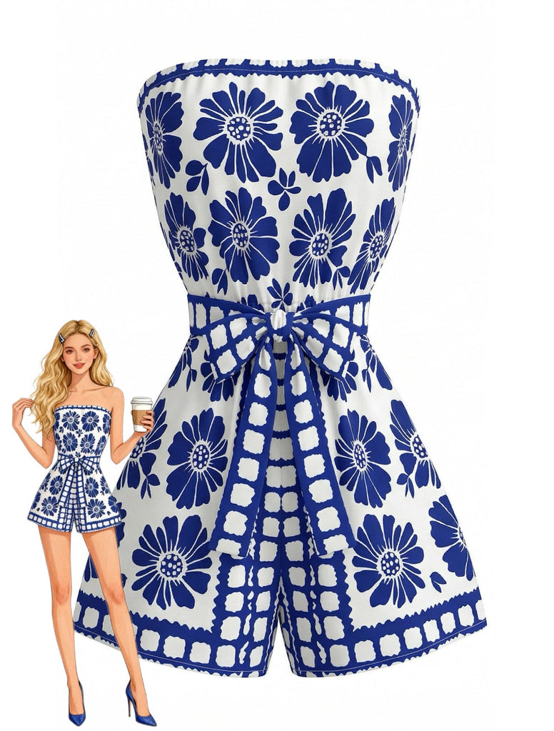 Blau 1970er Blumen Trägerlos Gürtel Romper